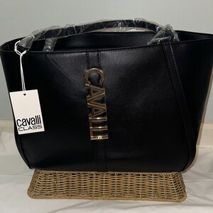 Cavalli Class Black Tote Bag with Gold Accents